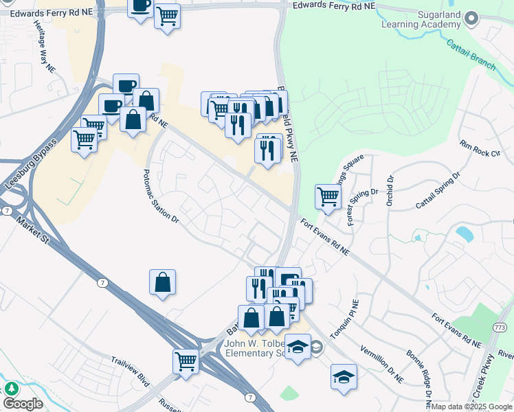 map of restaurants, bars, coffee shops, grocery stores, and more near 557 Tuliptree Square Northeast in Leesburg