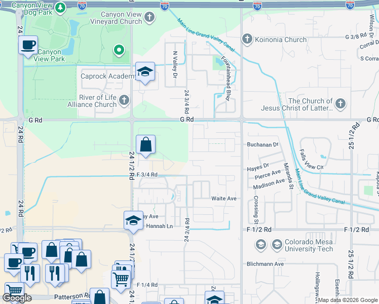 map of restaurants, bars, coffee shops, grocery stores, and more near F 3/4 Road in Grand Junction