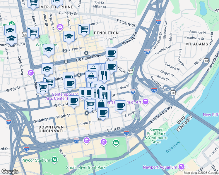 map of restaurants, bars, coffee shops, grocery stores, and more near in Cincinnati