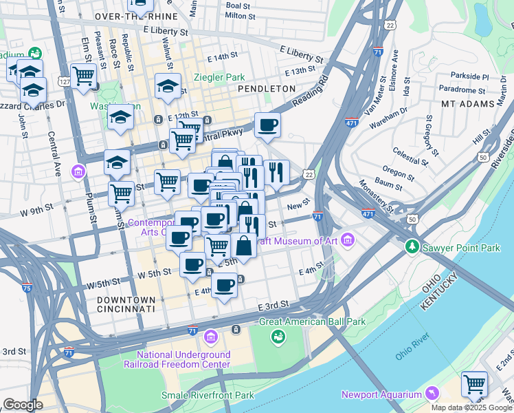 map of restaurants, bars, coffee shops, grocery stores, and more near in Cincinnati