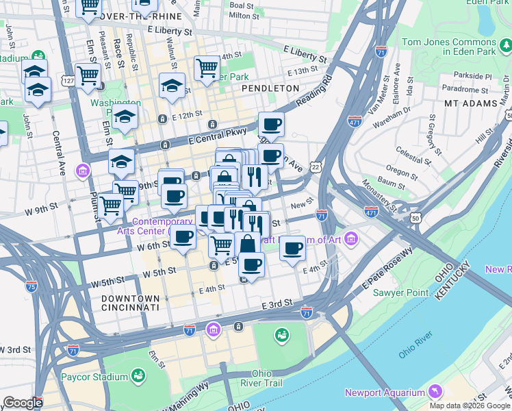 map of restaurants, bars, coffee shops, grocery stores, and more near Ohio River Trail in Cincinnati