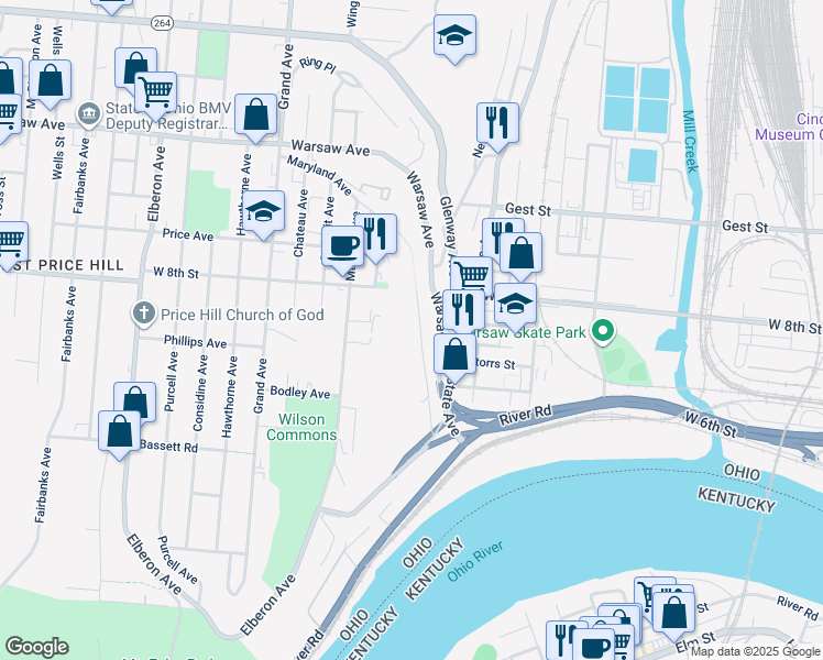 map of restaurants, bars, coffee shops, grocery stores, and more near 2384 Maryland Avenue in Cincinnati