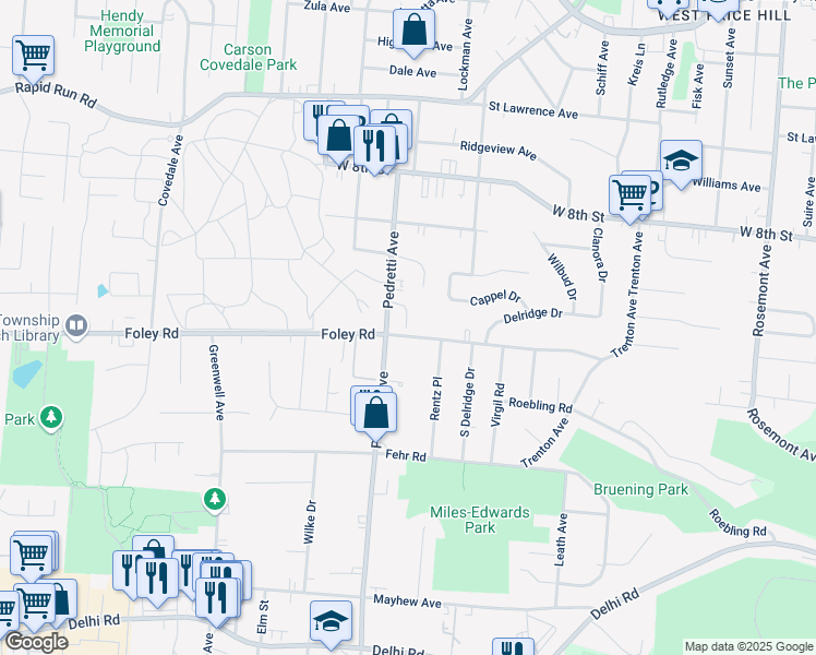 map of restaurants, bars, coffee shops, grocery stores, and more near 578 Pedretti Avenue in Cincinnati
