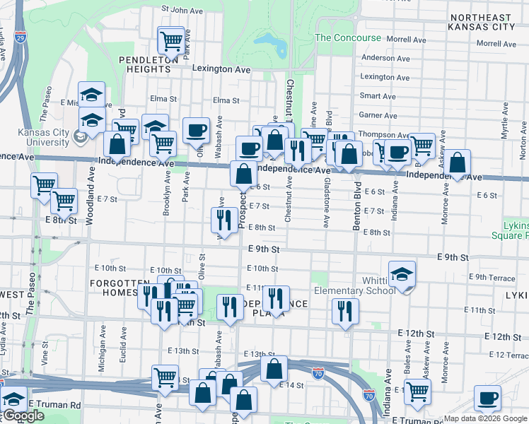 map of restaurants, bars, coffee shops, grocery stores, and more near 2630 East 8th Street in Kansas City