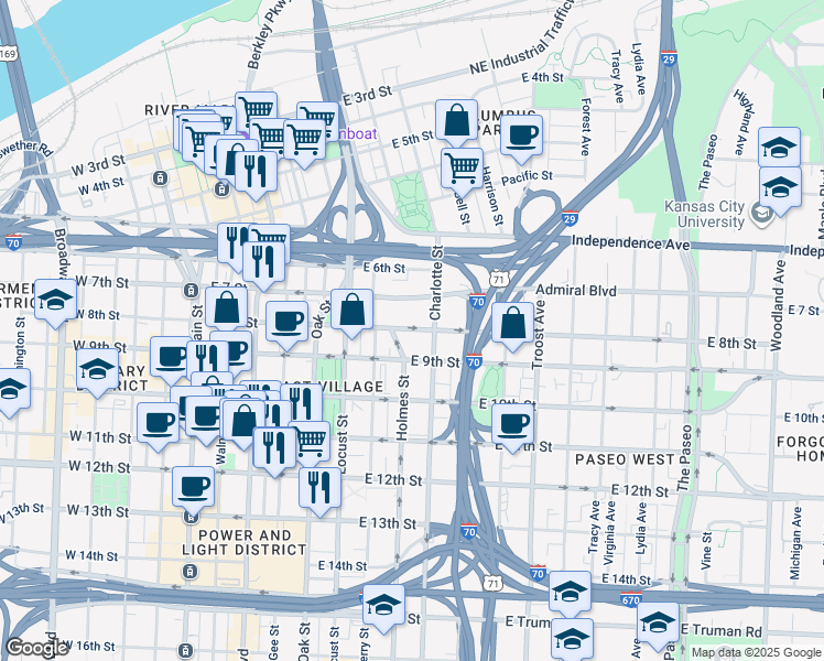 map of restaurants, bars, coffee shops, grocery stores, and more near 612 East 9th Street in Kansas City
