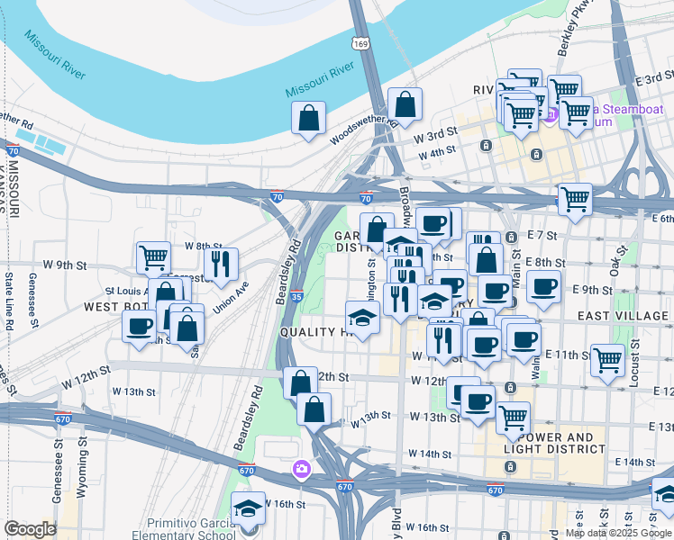 map of restaurants, bars, coffee shops, grocery stores, and more near 910 Pennsylvania Avenue in Kansas City
