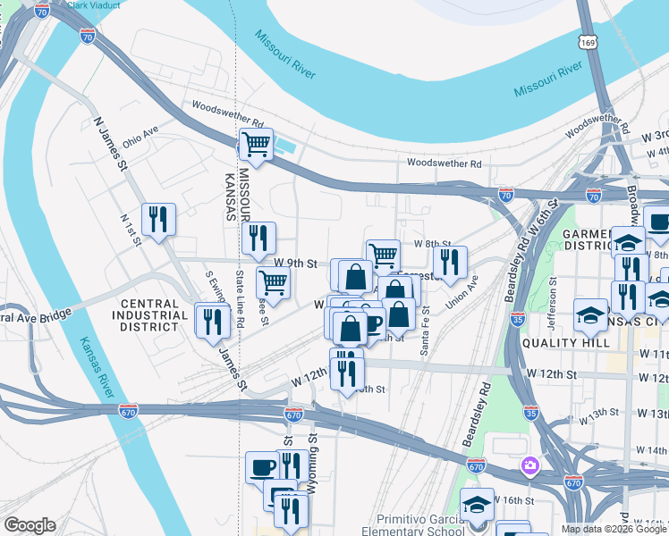 map of restaurants, bars, coffee shops, grocery stores, and more near 1410 St Louis Ave in Kansas City