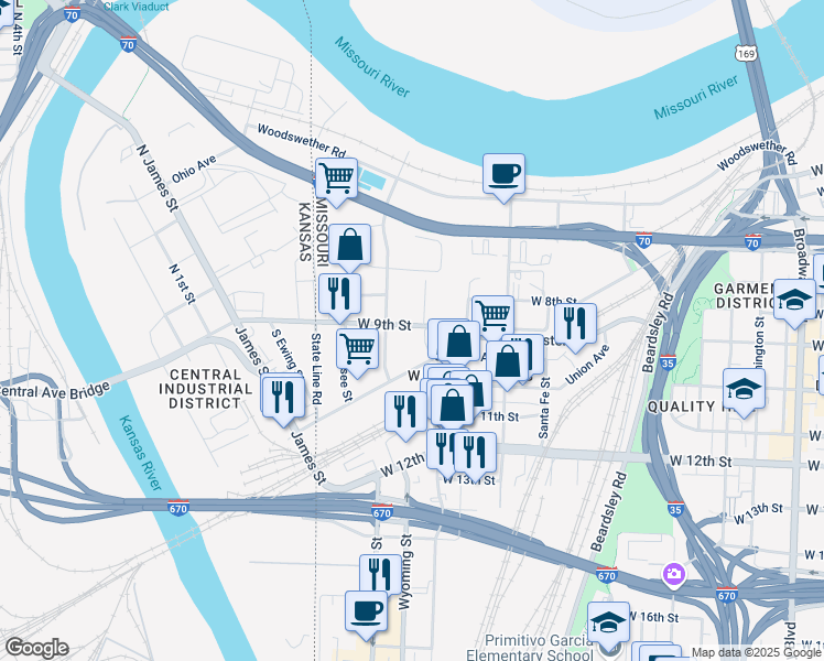 map of restaurants, bars, coffee shops, grocery stores, and more near 1524 Saint Louis Avenue in Kansas City