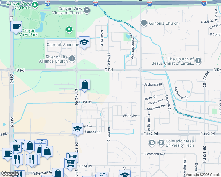 map of restaurants, bars, coffee shops, grocery stores, and more near F 3/4 Road in Grand Junction