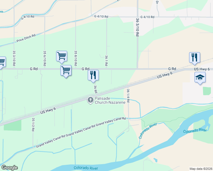 map of restaurants, bars, coffee shops, grocery stores, and more near 3551-3587 US Highway 6 in Palisade