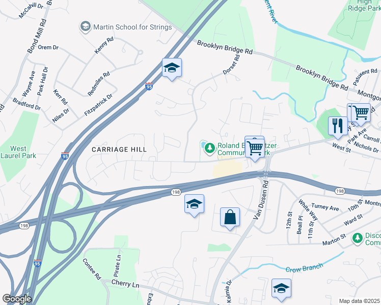 map of restaurants, bars, coffee shops, grocery stores, and more near 15603 Dorset Road in Laurel