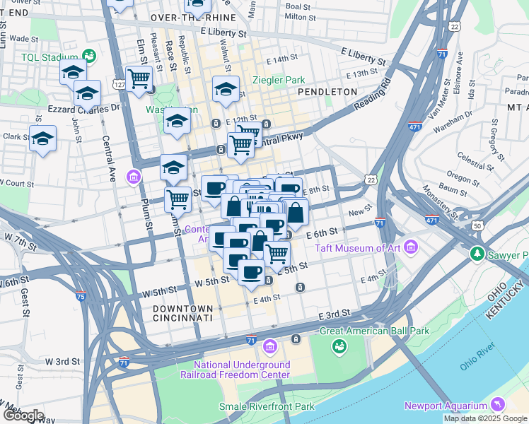map of restaurants, bars, coffee shops, grocery stores, and more near in Cincinnati
