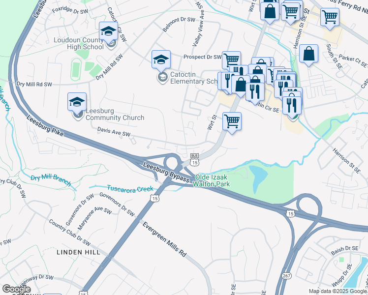map of restaurants, bars, coffee shops, grocery stores, and more near 109 Davis Avenue Southwest in Leesburg