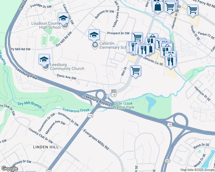 map of restaurants, bars, coffee shops, grocery stores, and more near 105F Davis Avenue Southwest in Leesburg