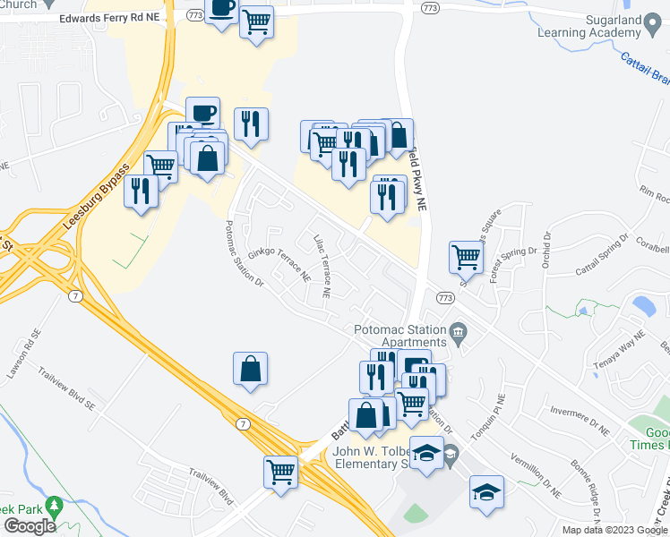 map of restaurants, bars, coffee shops, grocery stores, and more near 508 Kalmia Square Northeast in Leesburg