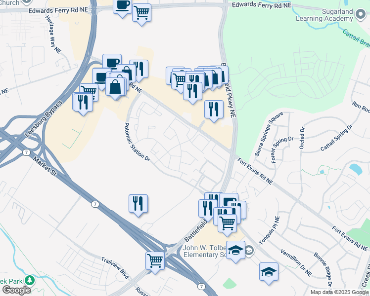 map of restaurants, bars, coffee shops, grocery stores, and more near 508 Kalmia Square Northeast in Leesburg