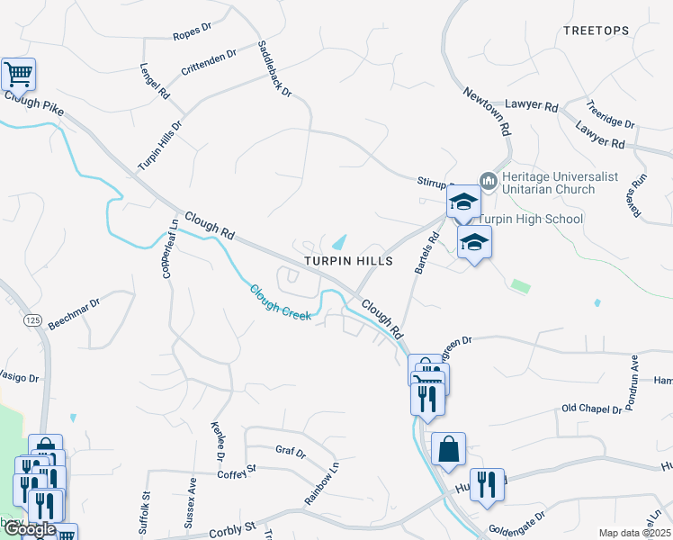 map of restaurants, bars, coffee shops, grocery stores, and more near 6344 Clough Pike in Cincinnati