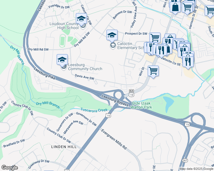 map of restaurants, bars, coffee shops, grocery stores, and more near 213 Davis Avenue Southwest in Leesburg