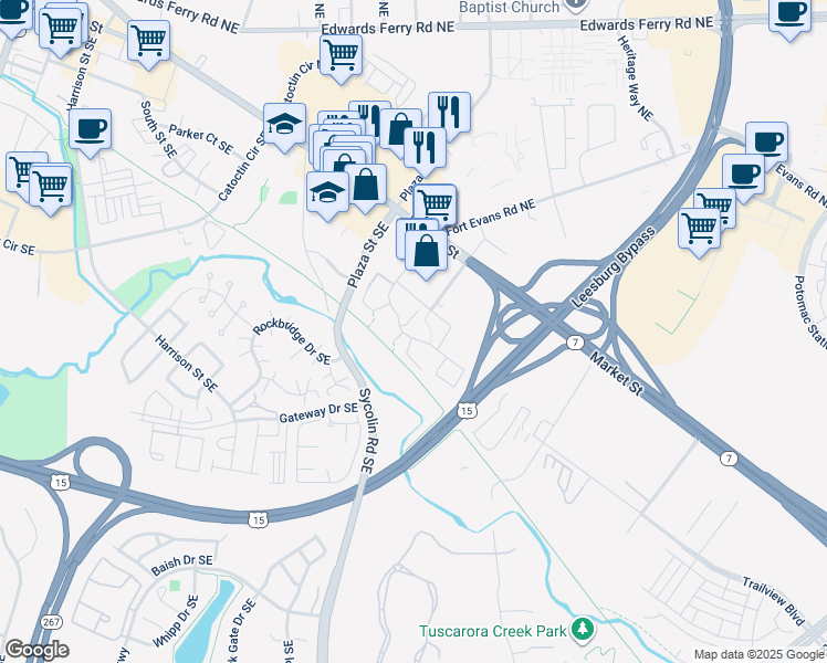 map of restaurants, bars, coffee shops, grocery stores, and more near 110 Prosperity Avenue Southeast in Leesburg