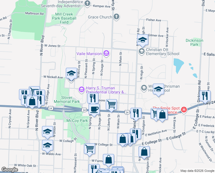 map of restaurants, bars, coffee shops, grocery stores, and more near 1225 North Osage Street in Independence