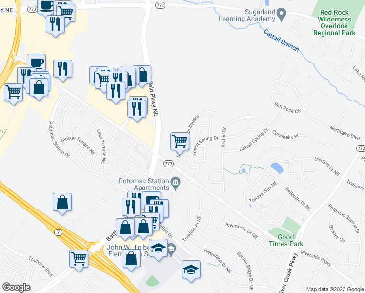 map of restaurants, bars, coffee shops, grocery stores, and more near 42144 Cool Breeze Square in Leesburg
