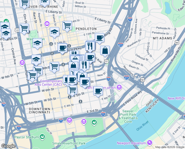 map of restaurants, bars, coffee shops, grocery stores, and more near 706 Broadway Street in Cincinnati