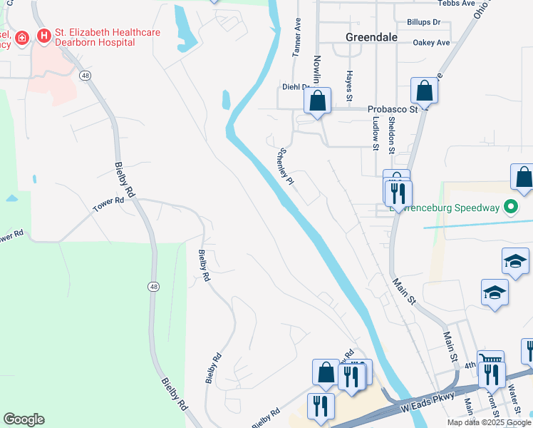 map of restaurants, bars, coffee shops, grocery stores, and more near 222 Industrial Drive in Lawrenceburg