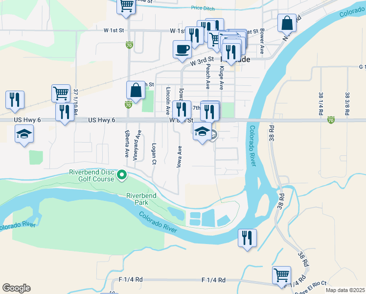 map of restaurants, bars, coffee shops, grocery stores, and more near 827 Iowa Avenue in Palisade