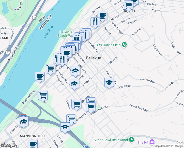 map of restaurants, bars, coffee shops, grocery stores, and more near 344 Ward Avenue in Bellevue