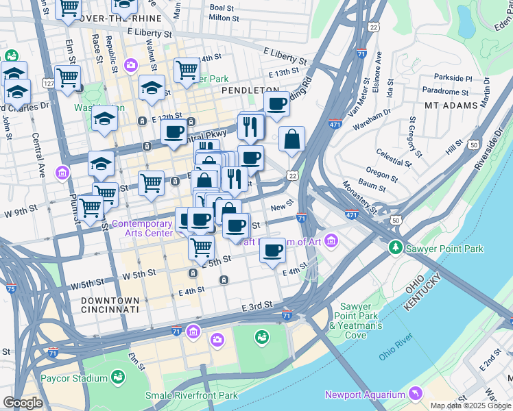map of restaurants, bars, coffee shops, grocery stores, and more near 706 Broadway Street in Cincinnati