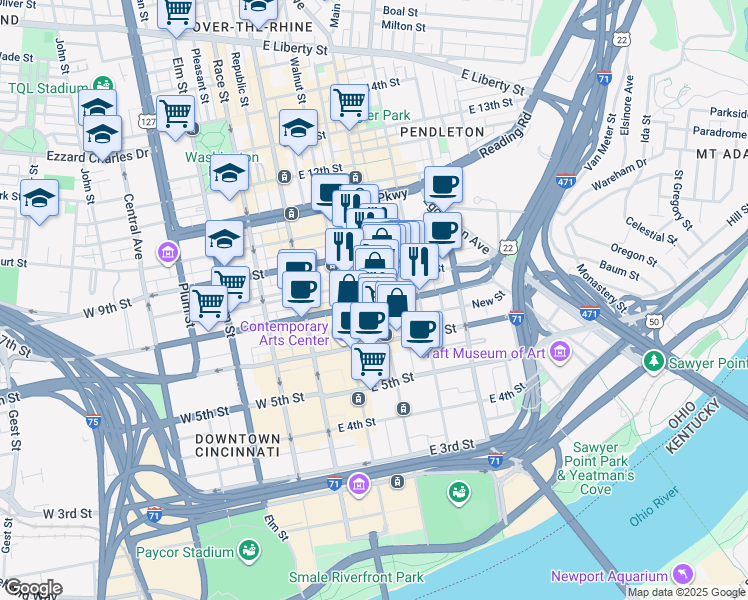 map of restaurants, bars, coffee shops, grocery stores, and more near 234 East 8th Street in Cincinnati