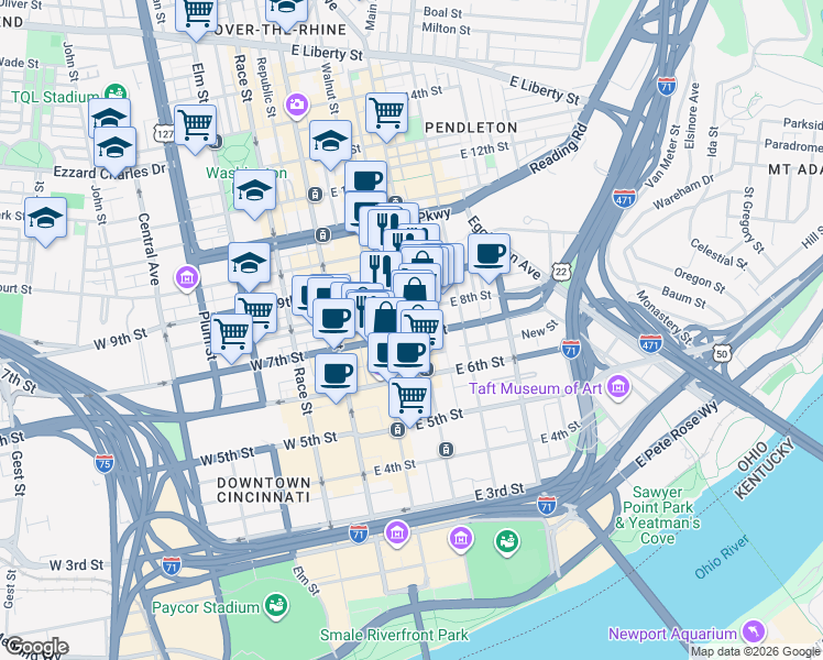 map of restaurants, bars, coffee shops, grocery stores, and more near 114 East 8th Street in Cincinnati