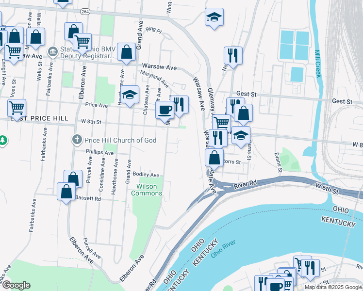 map of restaurants, bars, coffee shops, grocery stores, and more near 2429 Chateau Avenue in Cincinnati