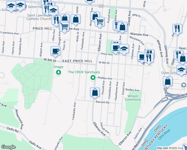 map of restaurants, bars, coffee shops, grocery stores, and more near 746 Woodlawn Avenue in Cincinnati