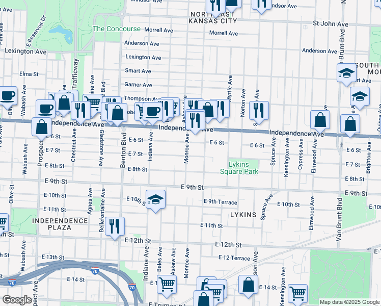 map of restaurants, bars, coffee shops, grocery stores, and more near in Kansas City