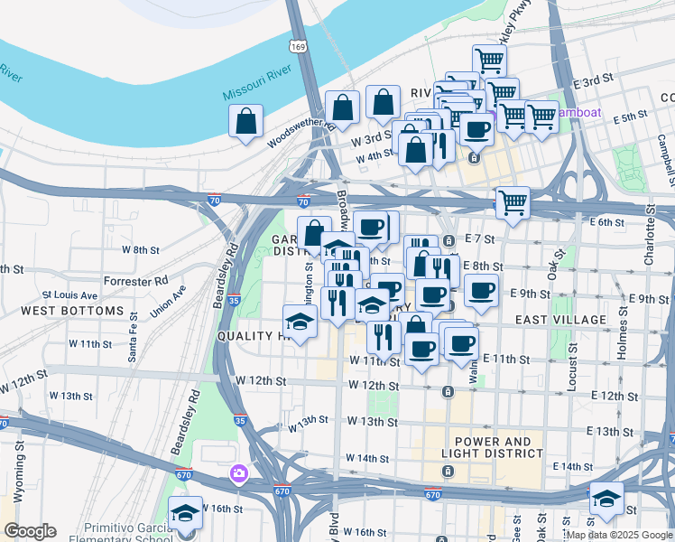 map of restaurants, bars, coffee shops, grocery stores, and more near in Kansas City