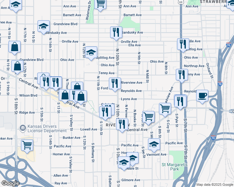 map of restaurants, bars, coffee shops, grocery stores, and more near 201 North 10th Street in Kansas City