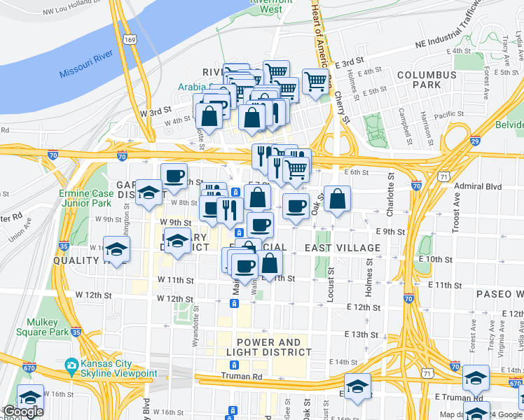 map of restaurants, bars, coffee shops, grocery stores, and more near 801 Walnut Street in Kansas City