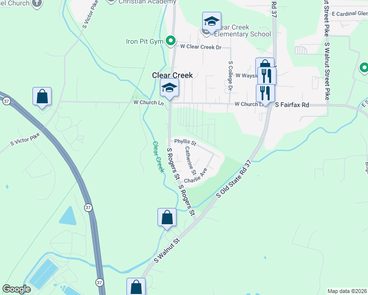 map of restaurants, bars, coffee shops, grocery stores, and more near 5904 Phyllis Street in Bloomington