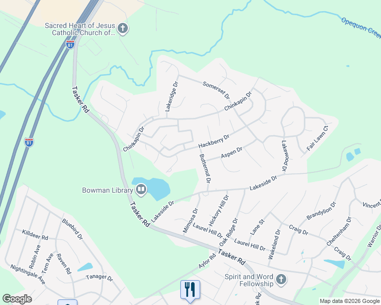 map of restaurants, bars, coffee shops, grocery stores, and more near 352 Surrey Club Lane in Stephens City