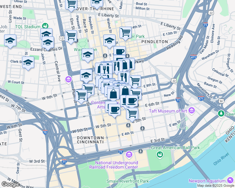 map of restaurants, bars, coffee shops, grocery stores, and more near 19 East 8th Street in Cincinnati