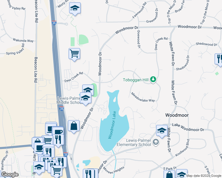 map of restaurants, bars, coffee shops, grocery stores, and more near 1656 Deer Creek Road in Monument