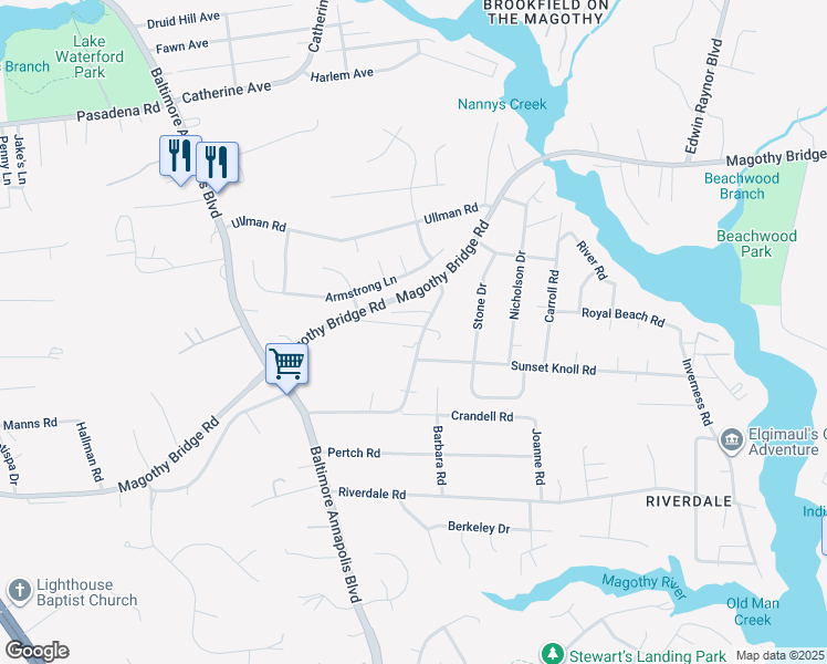 map of restaurants, bars, coffee shops, grocery stores, and more near 238 Old Magothy Bridge Road in Pasadena