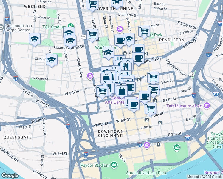 map of restaurants, bars, coffee shops, grocery stores, and more near in Cincinnati