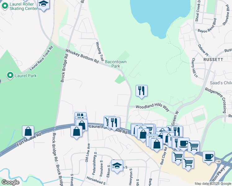 map of restaurants, bars, coffee shops, grocery stores, and more near 3599 Laurel View Court in Laurel