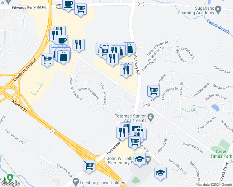 map of restaurants, bars, coffee shops, grocery stores, and more near 524 Tuliptree Square Northeast in Leesburg