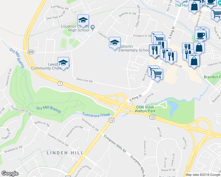 map of restaurants, bars, coffee shops, grocery stores, and more near 209 Davis Avenue Southwest in Leesburg