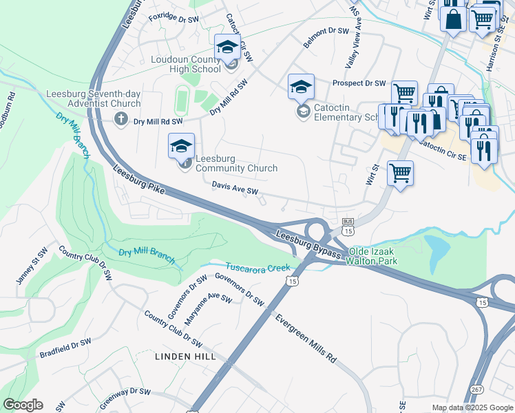 map of restaurants, bars, coffee shops, grocery stores, and more near 325 Davis Avenue Southwest in Leesburg
