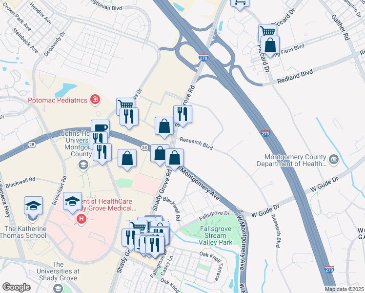 map of restaurants, bars, coffee shops, grocery stores, and more near 2500 Research Boulevard in Rockville