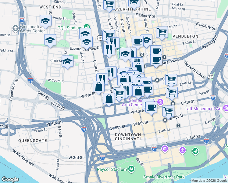map of restaurants, bars, coffee shops, grocery stores, and more near 302 West 9th Street in Cincinnati